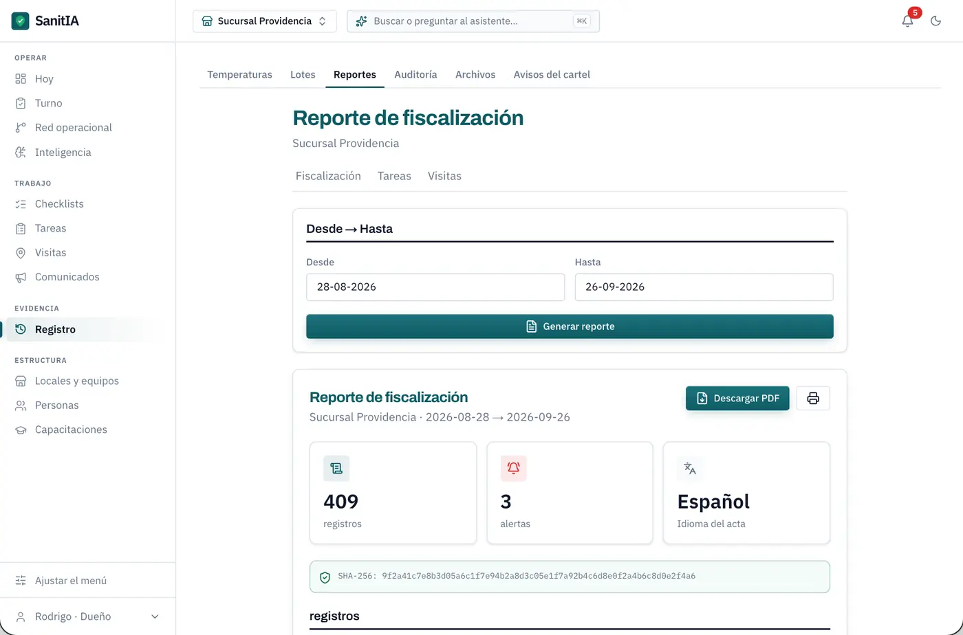Panel de SanitIA: el reporte de fiscalización del período, con sus registros, sus alertas y el sello SHA-256 del acta.